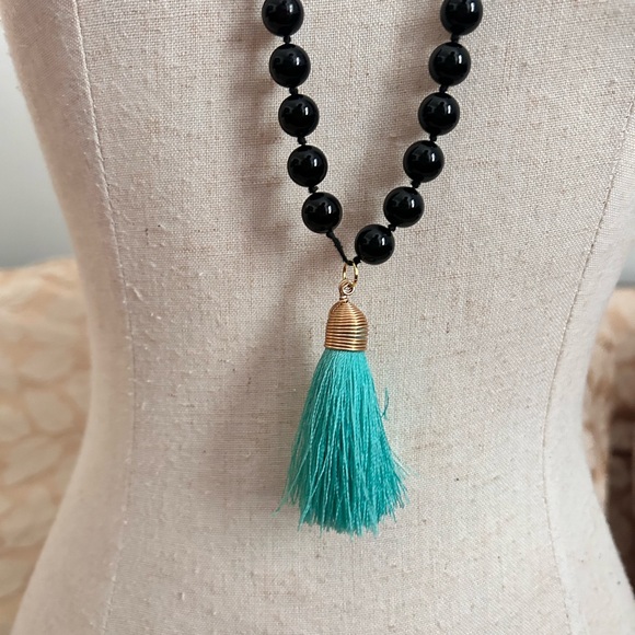Vintage Glass Black Beaded Necklace with Teal Tassel - Picture 2 of 4